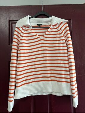 Talbots Striped V-Neck Rib Collar Sweater - White & Orange large